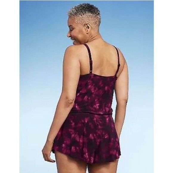Aqua Green Women Sz M High Neck Swim Romper Pockets Burgundy One Piece Swimsuit - Picture 3 of 5